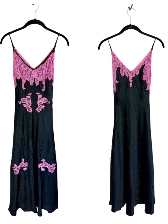 Betsey Johnson Dresses & Skirts - Vintage Betsey Johnson silk satin bias cut black pink lace midi dress coquette